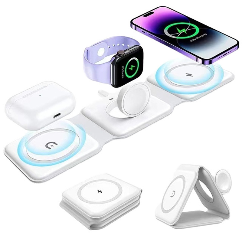 Wireless Charger Watch - 3-in-1 磁気折りたたみ式ワイヤレス充電器、15W急速充電、USB Type-C、携帯電話、時計、イヤホン用
