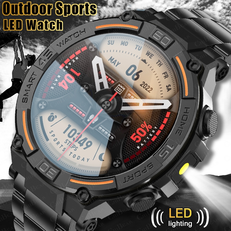 Smartwatch Faces - アウトドアミリタリーラギッドスマートウォッチ メンズ GPSスポーツフィットネス防水腕時計 Bluetooth通話 LEDライト付きスマートウォッチ