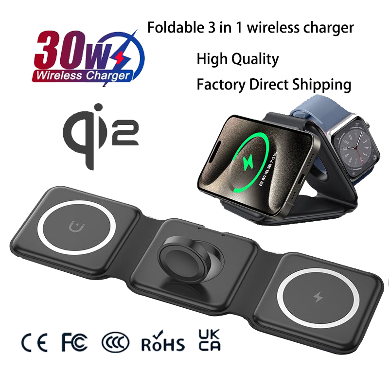 Wireless Charger Watch - ユニバーサルQi2磁気折りたたみ式充電ステーション、iPhone、Samsung、Xiaomi、OPPO対応3in1ワイヤレス充電器