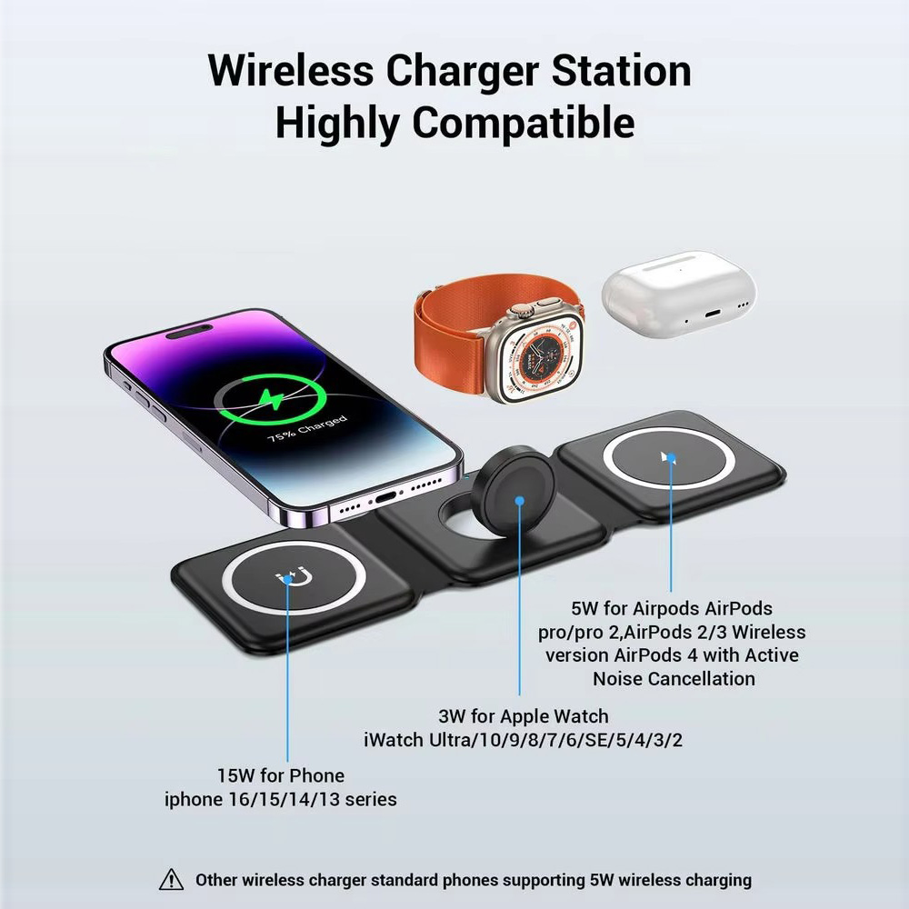 3-in-1 磁気折りたたみ式ワイヤレス充電器、15W急速充 - Wireless Charger Watch のレビューと価格